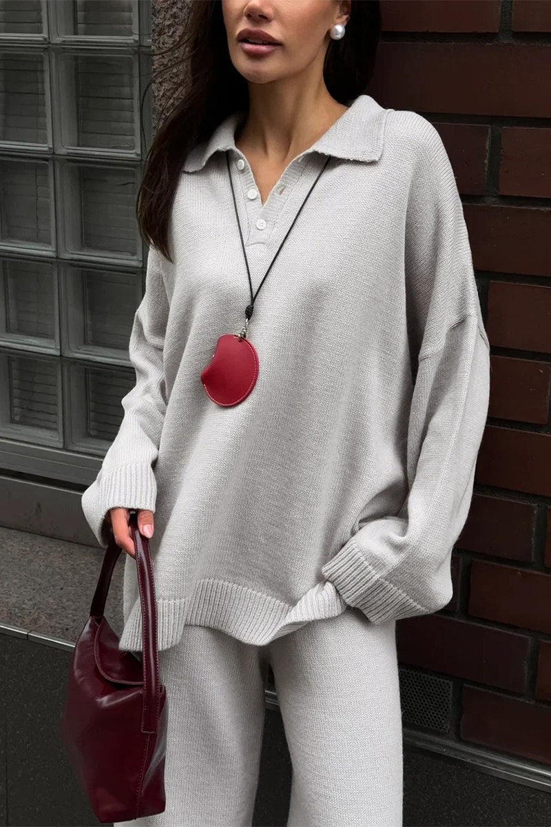 Relaxed Polo Knit Top Wide Leg Pants Set