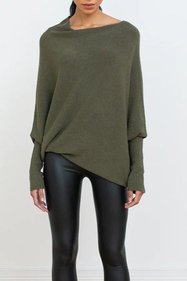 Draped Off Shoulder Long Sleeve Knit Sweater