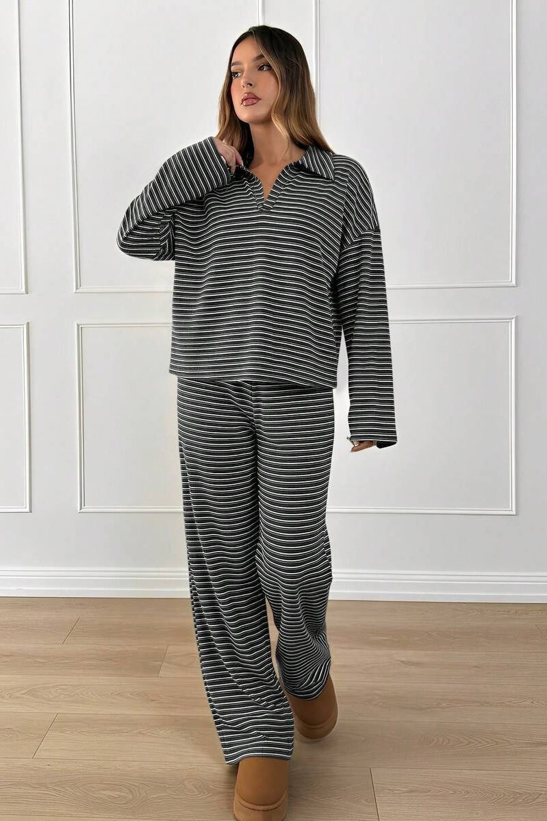 Contrast Stripe Collared Lounge Pants Set