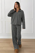 Contrast Stripe Collared Lounge Pants Set