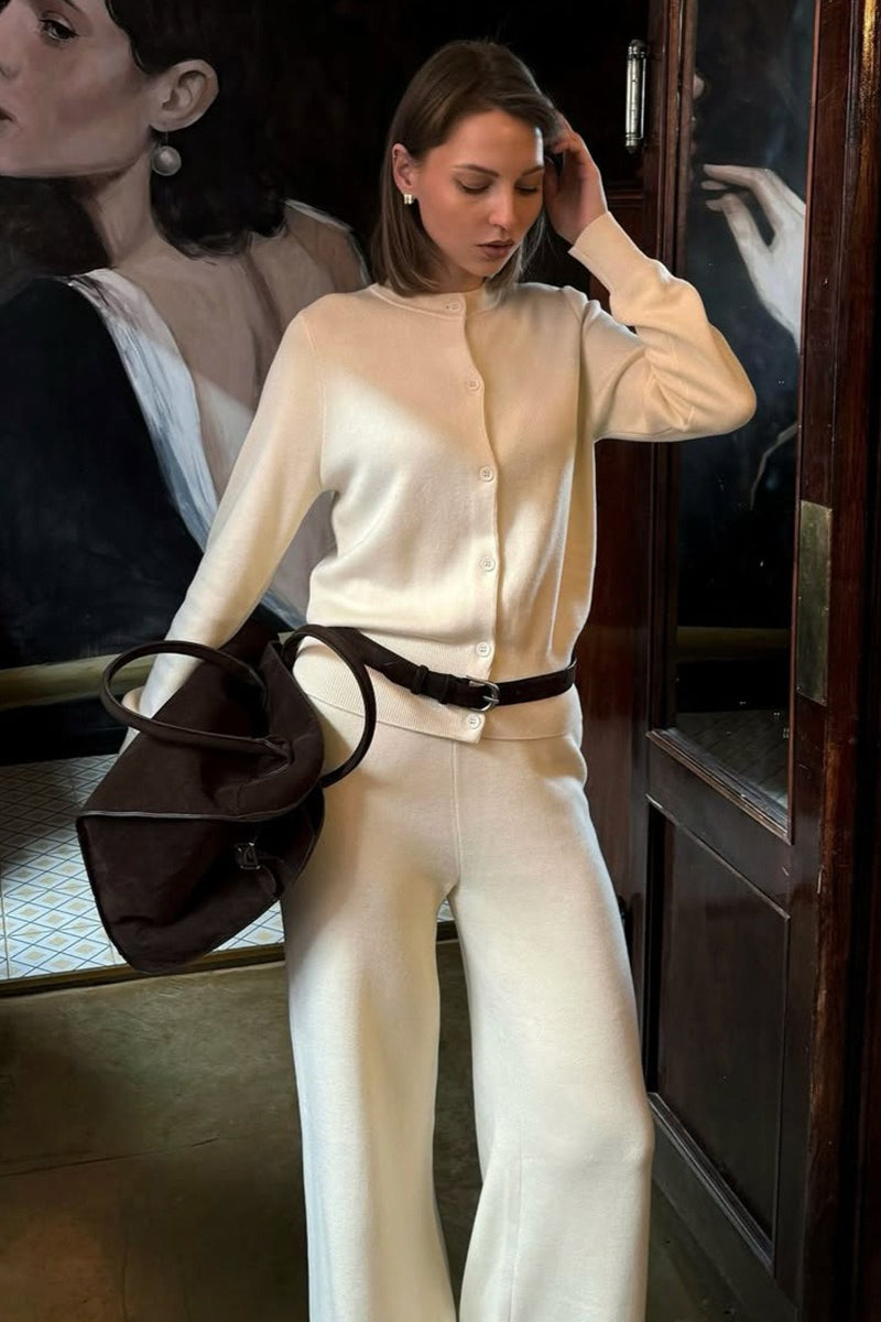 Solid Cardigan Wide Leg Pants Knit Set
