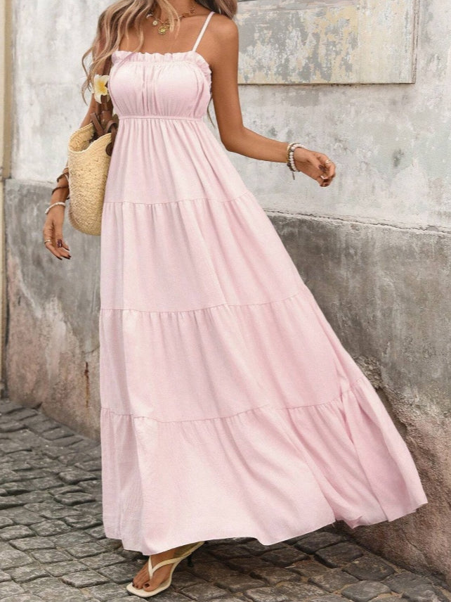 French Style Vacation Sling Wooden Ear Tube Top Cinched Waist Long Texture Dress