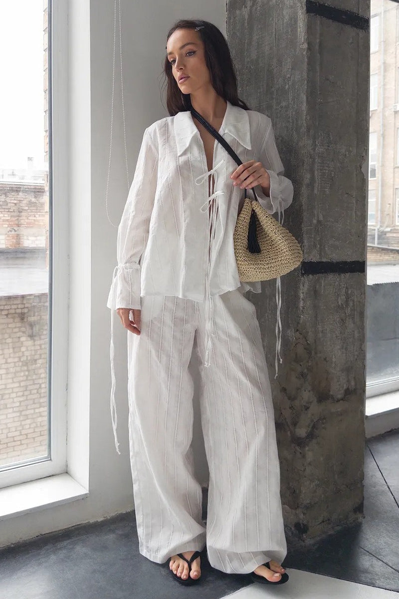 Collared Tie Front Sheer Shirt Pants Set