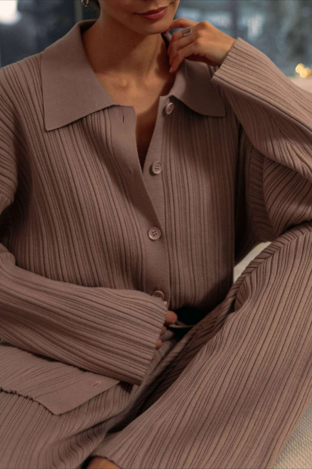 Ribbed Cardigan Wide Leg Pants Knit Set