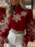 Women's Christmas Snowflake Print Half-Turtleneck Lantern Sleeve Top
