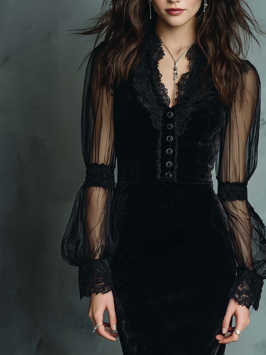 Vintage Lace Trim Sheer Sleeves Polyester Velvet Midi Dress