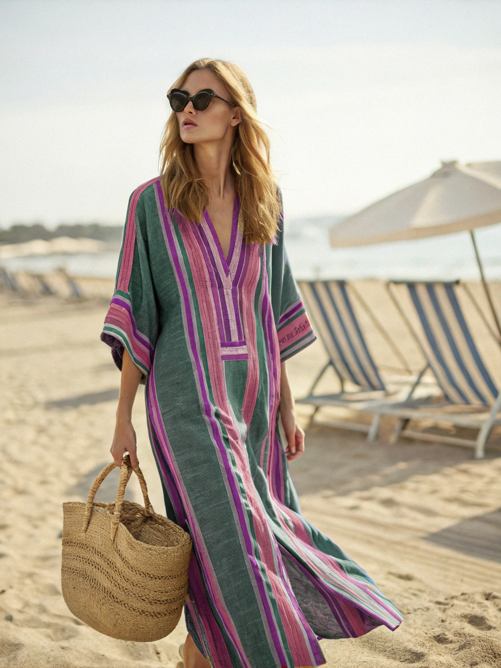 Contton & Linen Long Sleeve Kaftan Maxi Dress
