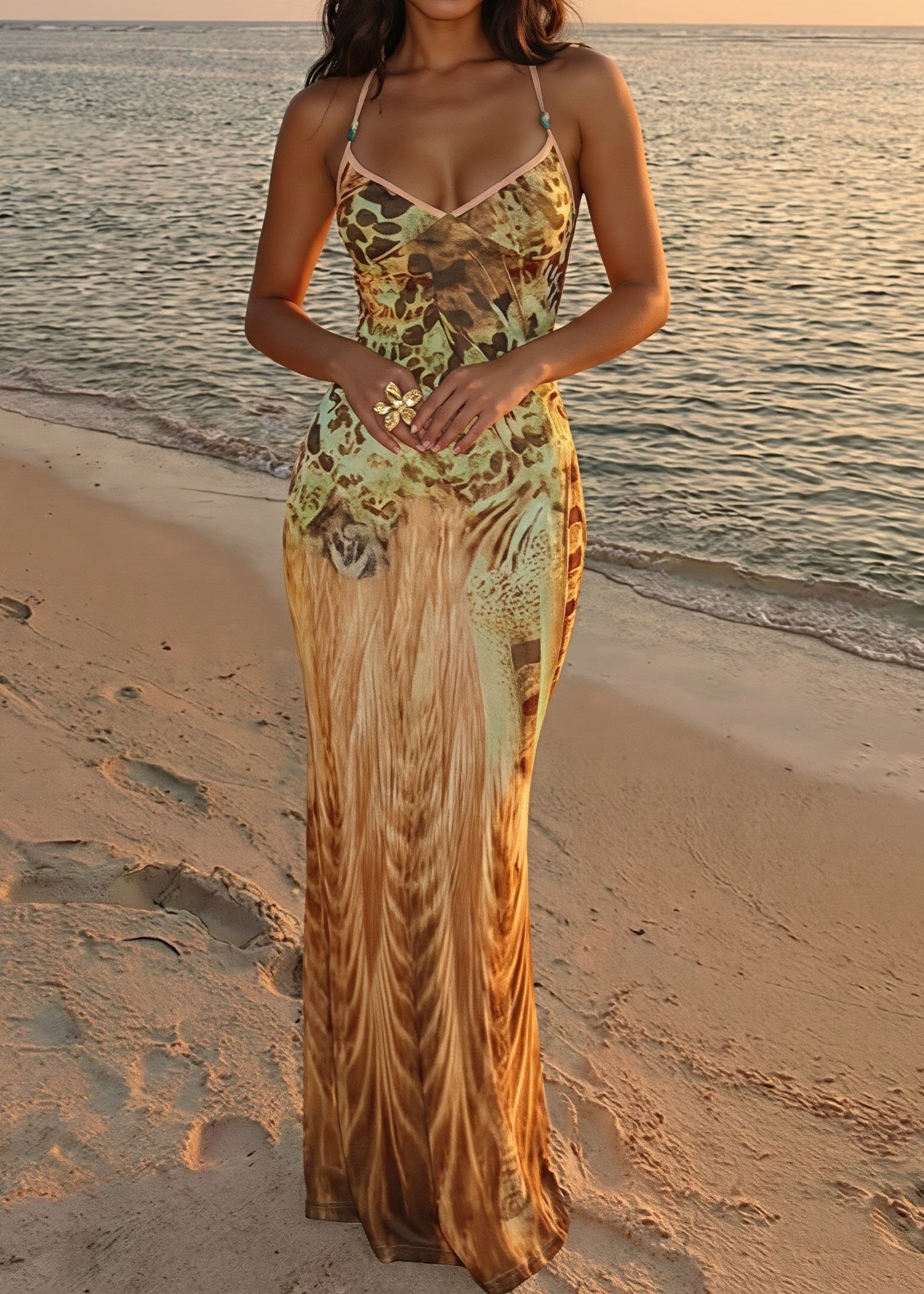 Printed V Neck Cami Slim Bodycon Maxi Dress