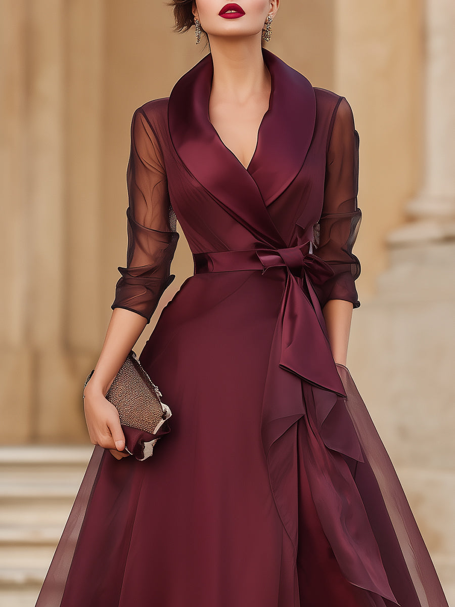 Elegant Wrap Midi Dress With Sheer Sleeves