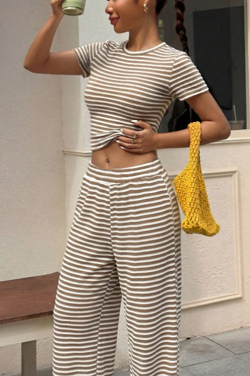 Striped Fitted Top Wide Leg Pants Set