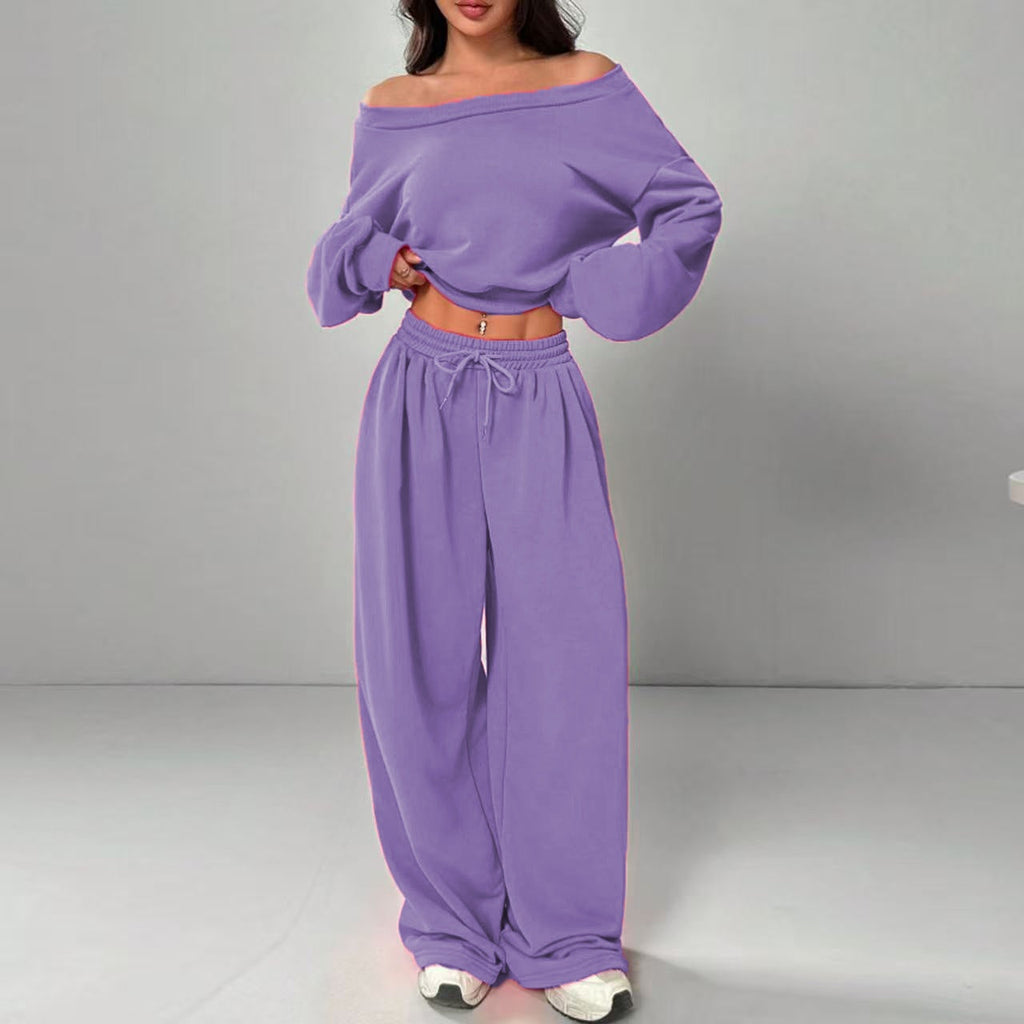 Fashion Slim-fit Off-the-shoulder Navel Solid Color Casual Pants Suit