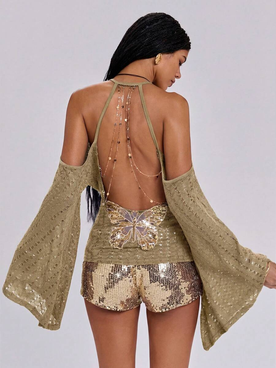 Shimmer Cold Shoulder Cowl Neck Open Back Flare Sleeve Top
