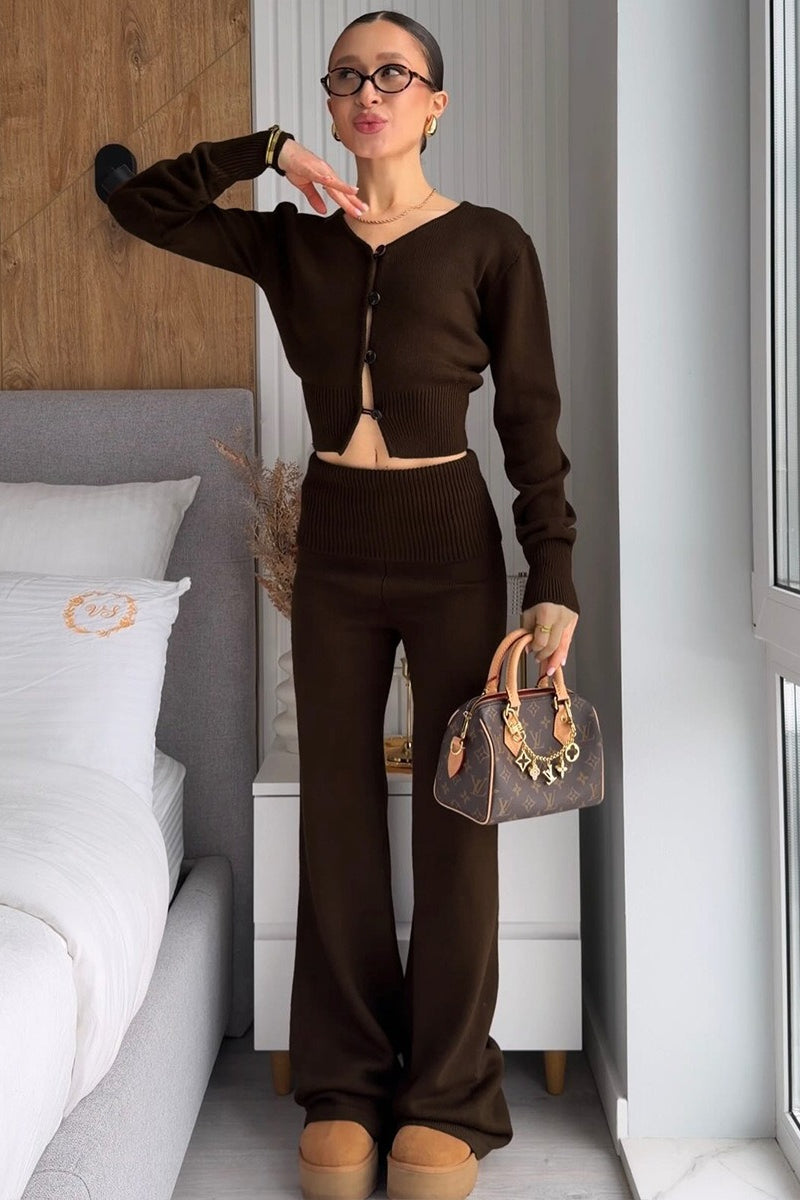 Cropped Knit Cardigan Wide Leg Pants Set
