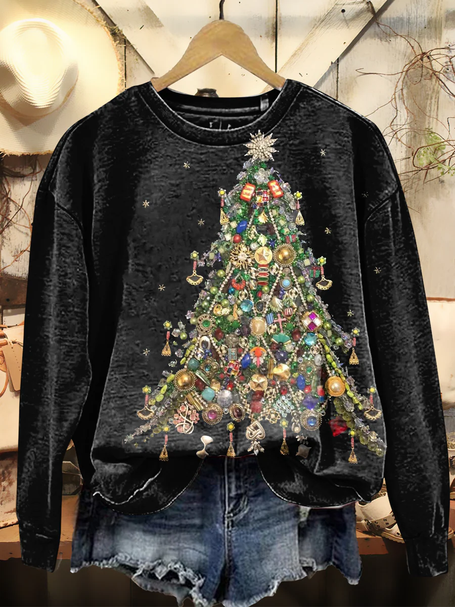 Women's Vintage Christmas Art Print Casual Long-Sleeve Crew Neck Sweatshirt