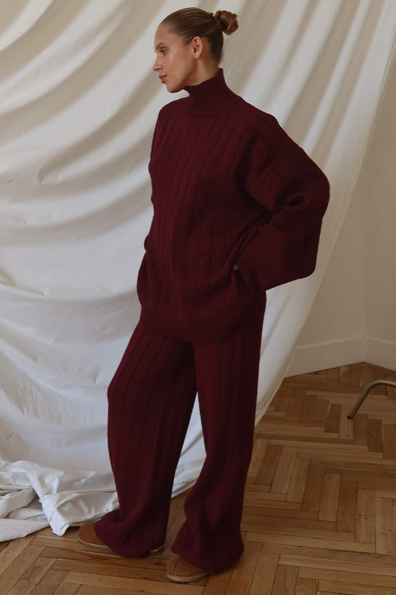 Ribbed Turtleneck Sweater Wide Leg Pants Set