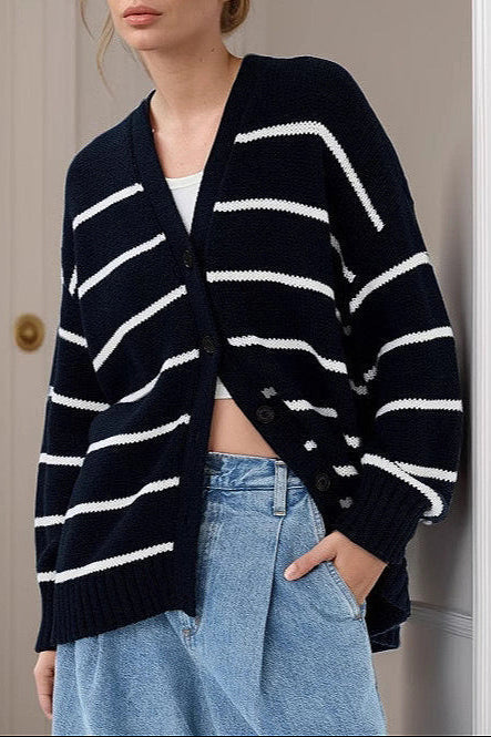 Striped Cotton V Neck Knit Cardigan