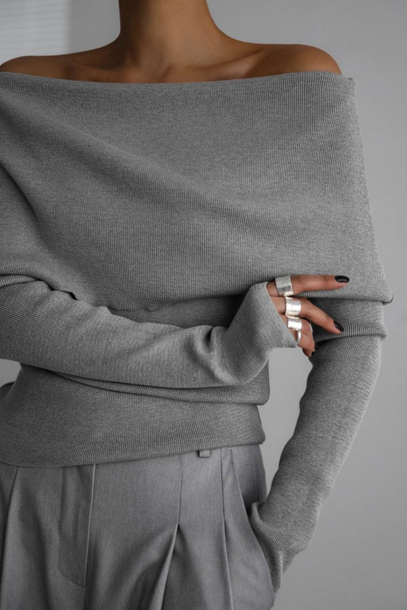 Off Shoulder Fitted Long Sleeve Knit Sweater