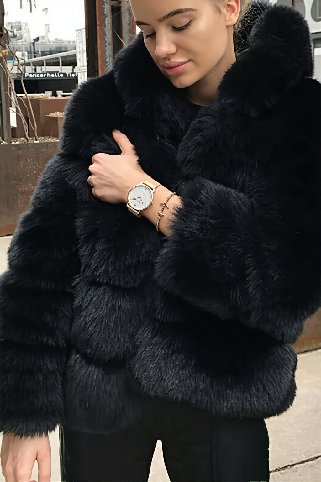 Hooded Tiered Faux Fur Coat
