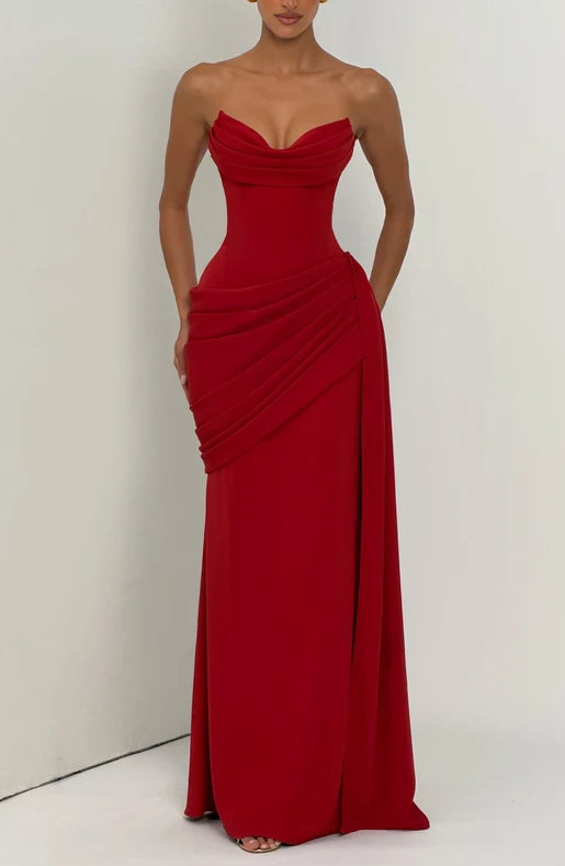 Strapless Cowl Neck Lace-Up Backless Ruched Mermaid Evening Maxi Dress