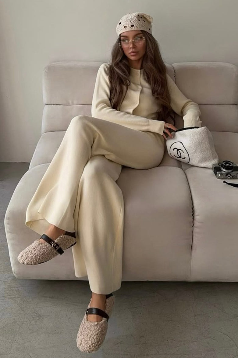 Solid Cardigan Wide Leg Pants Knit Set