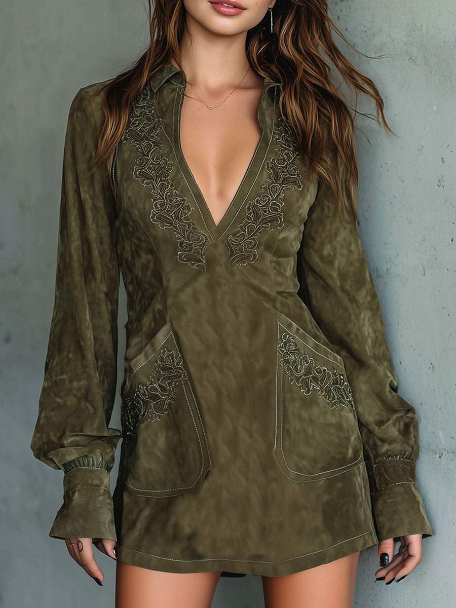 Chic Olive Green Embroidered Microsuede Mini Dress With Pockets