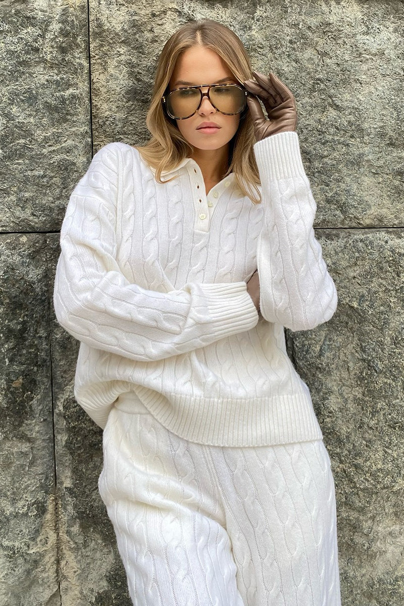 Cable Polo Sweater Straight Pants Knit Set