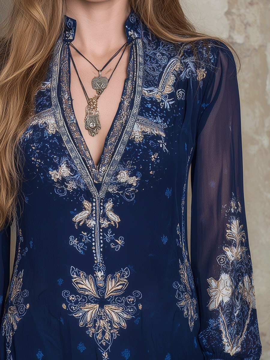 Bohemian Style Navy Blue Printed Chiffon Lace Trim Blouse