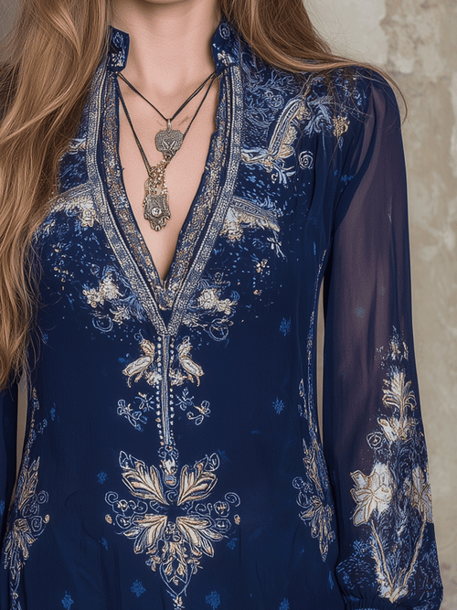 Bohemian Style Navy Blue Printed Chiffon Lace Trim Blouse