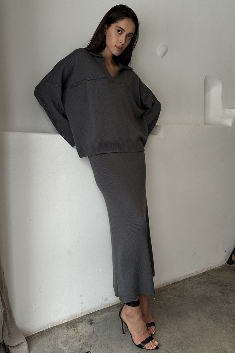 V Neck Sweater Midi Skirt Knit Set