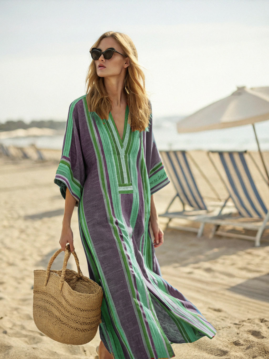Contton & Linen Long Sleeve Kaftan Maxi Dress