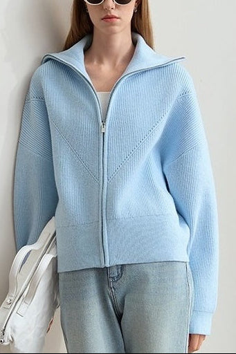 Naval-Collar Zip Lazy-Style Thick Knit Cardigan