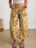 Women's Retro Ethnic Floral Art Print Casual Washed Cotton Jeans
