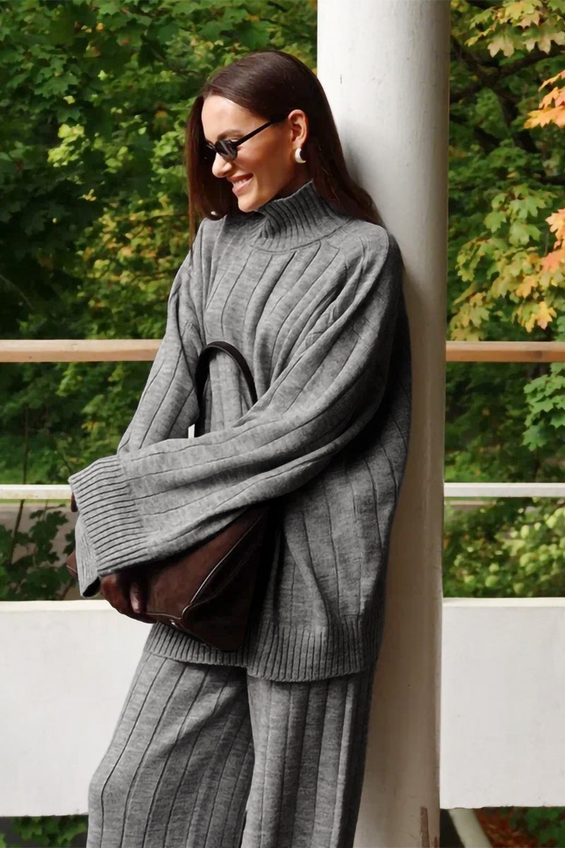 Ribbed Turtleneck Sweater Wide Leg Pants Set