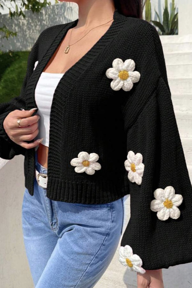 Floral Applique V Neck Button Knit Cardigan