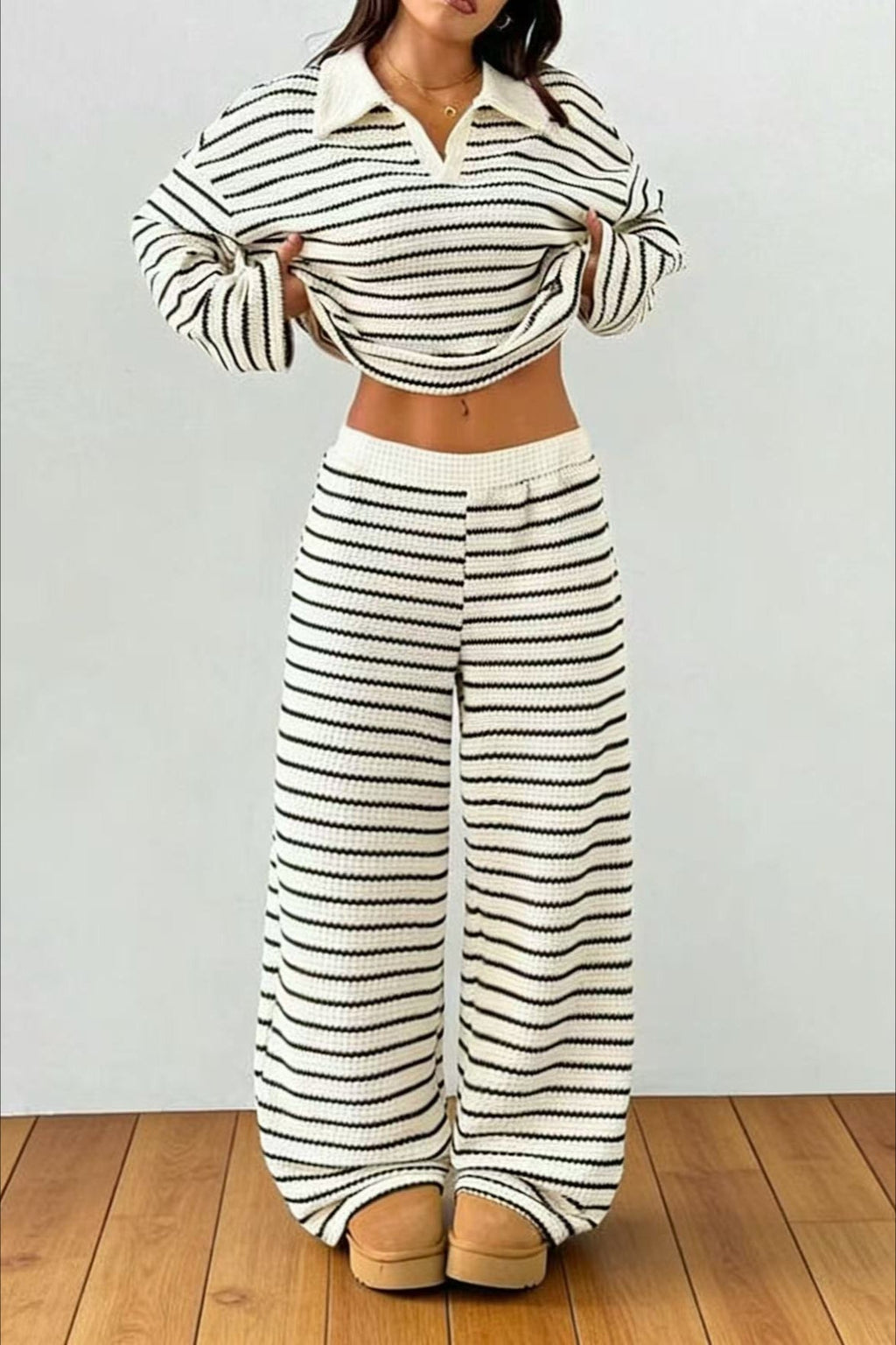 Contrast Stripe Polo Knit Lounge Set