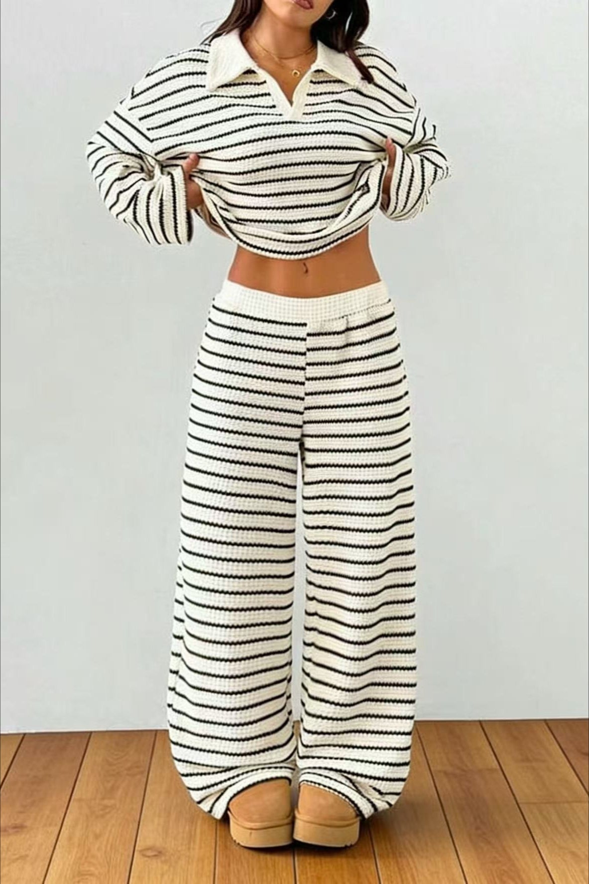 Contrast Stripe Polo Knit Lounge Set