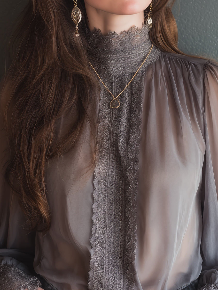 Elegant Stand-collar Chiffon Blouse With Lace Trim