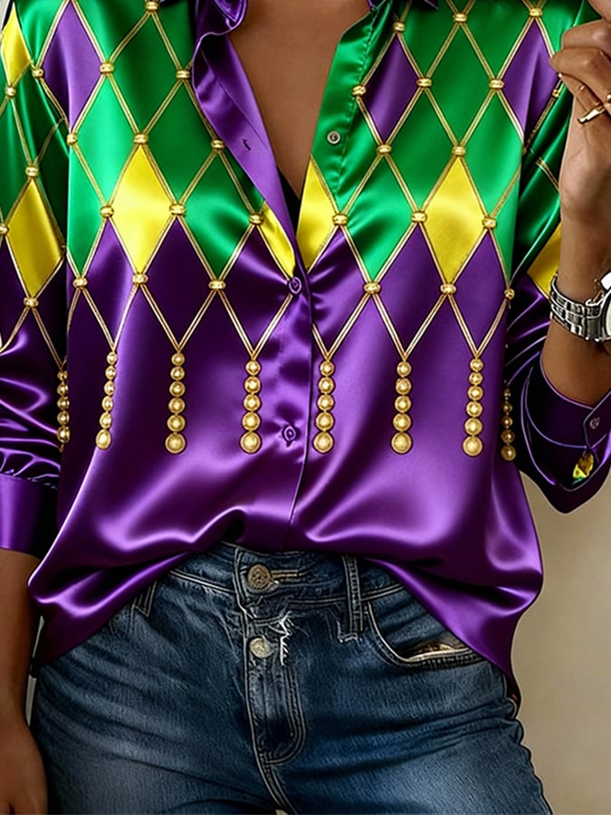 Women'S Casual Lapel Color-Block Printed Shirt