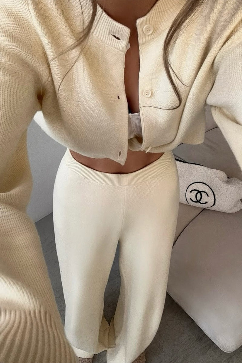 Solid Cardigan Wide Leg Pants Knit Set