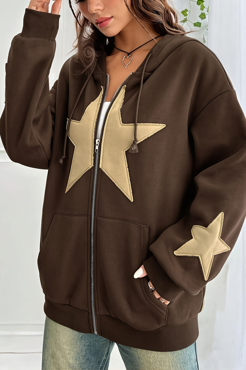 Star Contrast Oversize Zip Hoodie