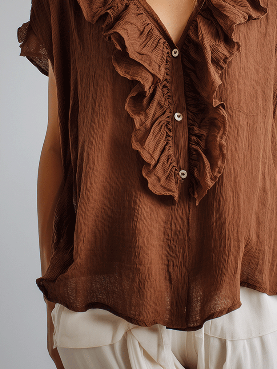 Vintage Brown Ruffled V-Neck Boho Blouse