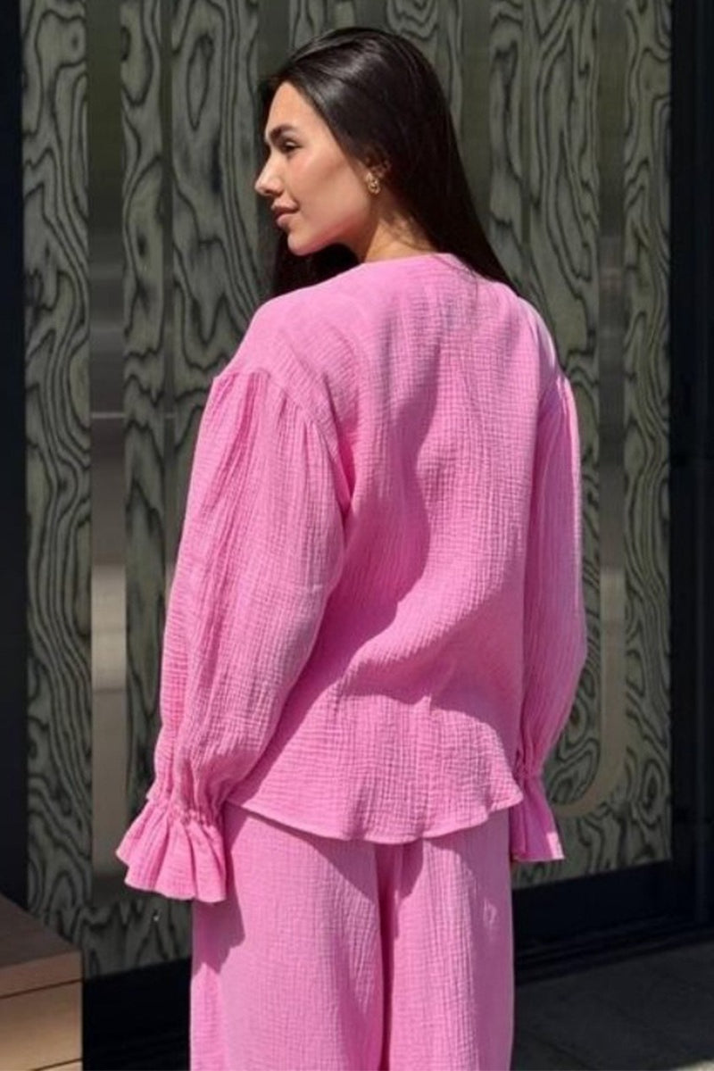 Balloon Sleeve Cotton Cardigan Wide Leg Pants Set