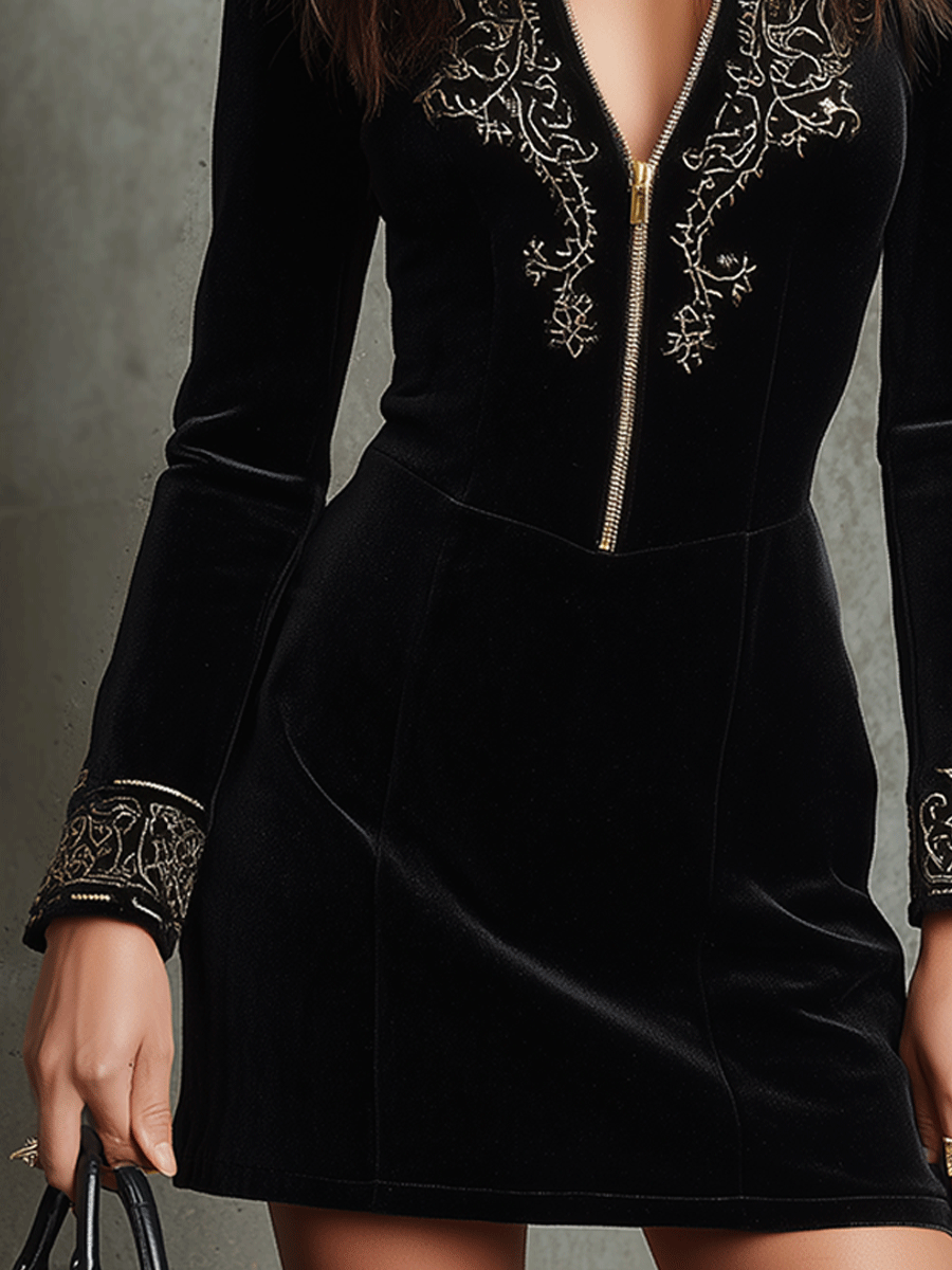 Elegant Luxury Black Velvet With Gold Embroidered Detailing Mini Dress
