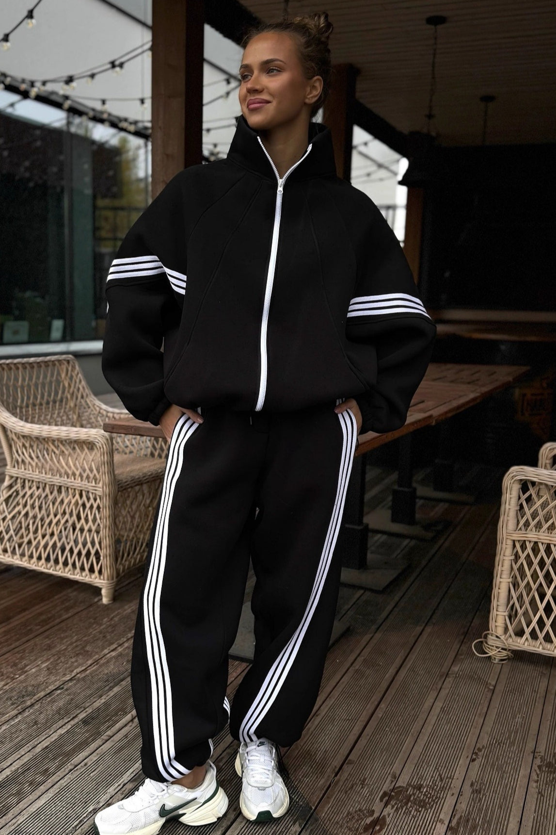 Striped Zip Jacket and Wide Leg Pants Set