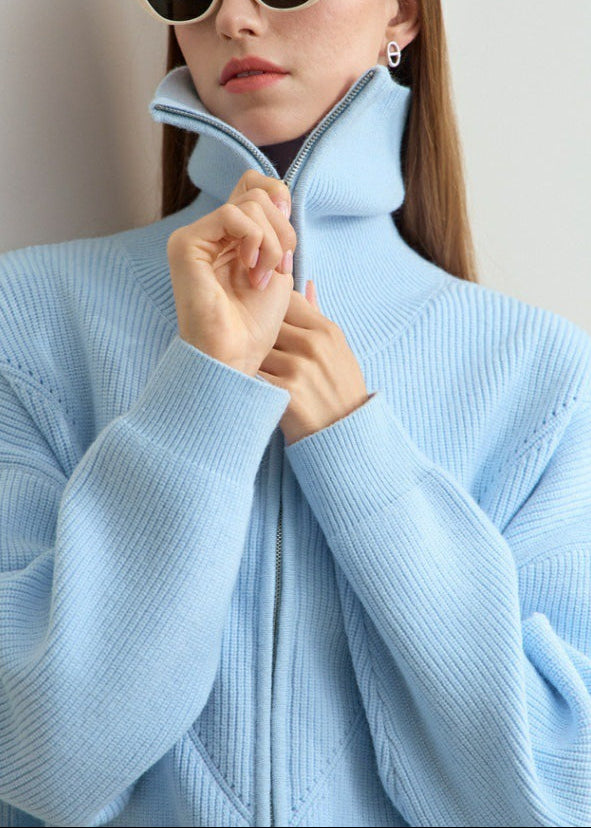 Naval-Collar Zip Lazy-Style Thick Knit Cardigan