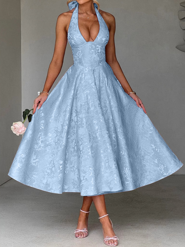 V-neck Halter Jacquard Dress Senior Evening Dress Spring/Summer Elegance Sleeveless Backless Waist Trimming Long Dress