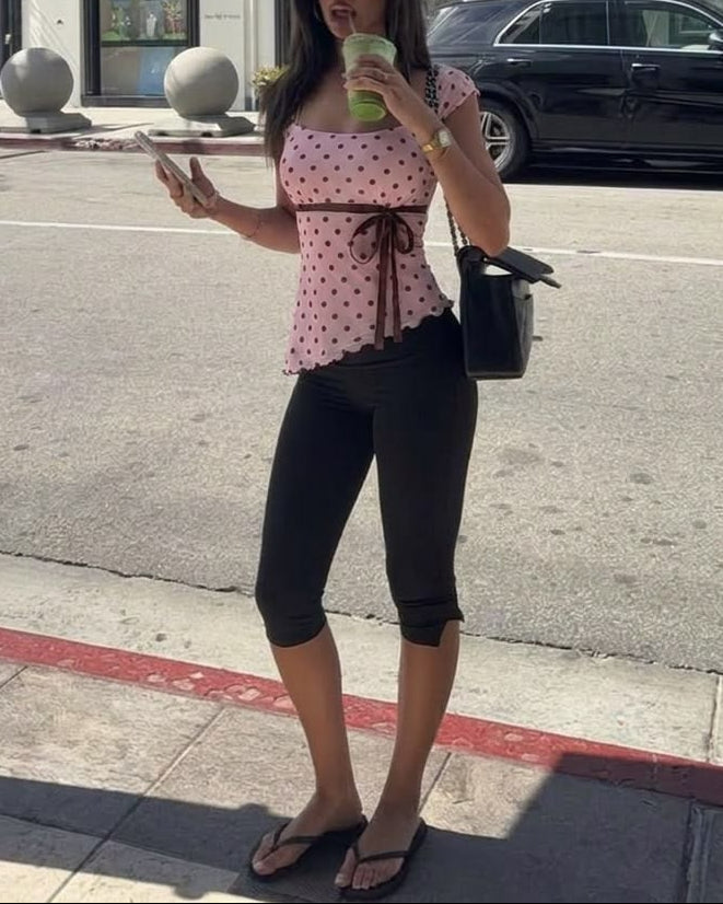Polka Dot Ribbon Tie Square Neck Crop Top