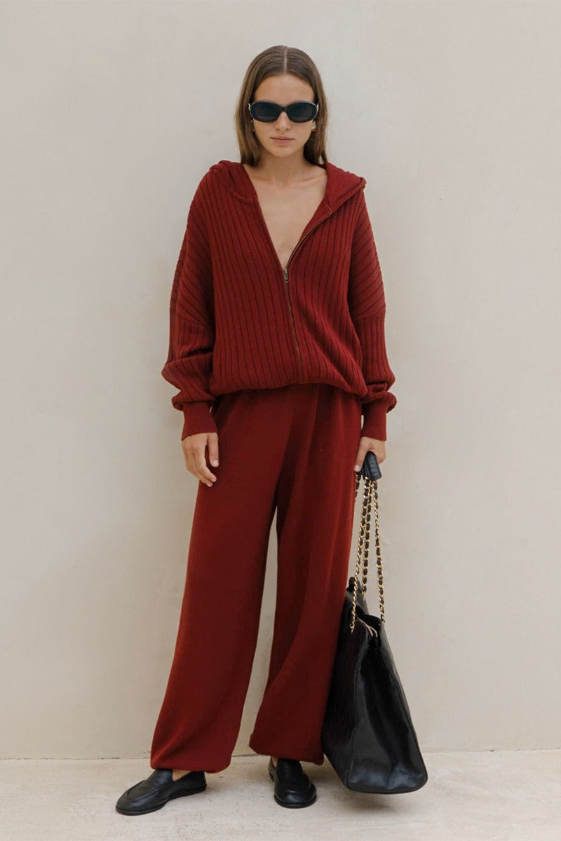 Ribbed Hooded Zip Sweater Harem Pants Set