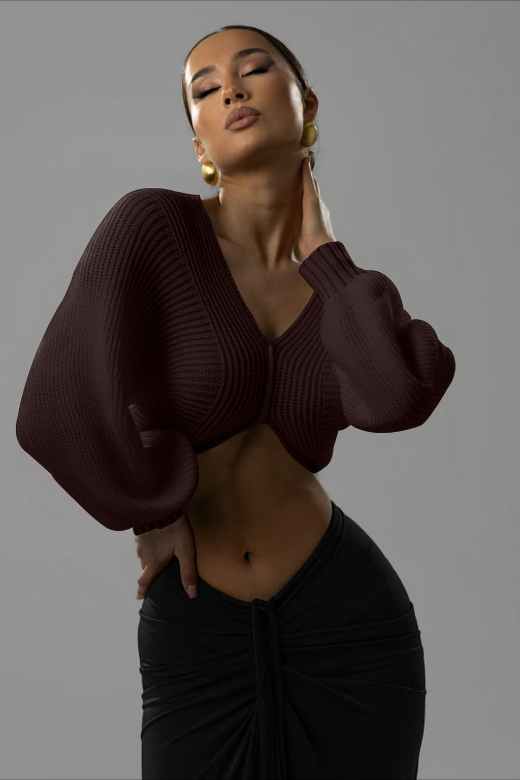 Twist Front Cropped V Neck Knit Sweater
