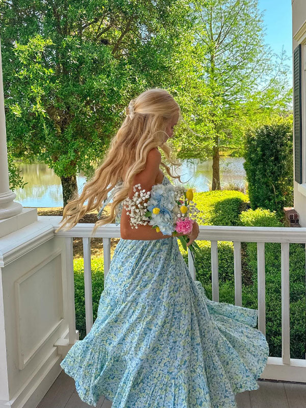 Thin straps printing maxi dress